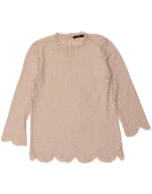 Zara Womens See Through 3/4 Sleeve Blouse Top UK 10 Small White Paisley