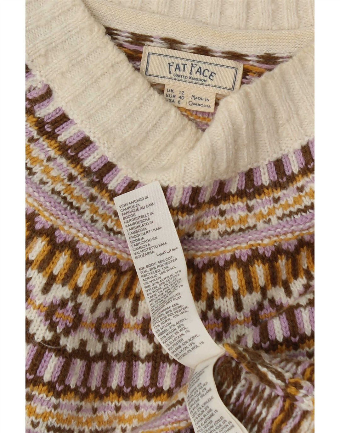 Suéter feminino Fat Face com gola canoa UK 12 médio multicolorido