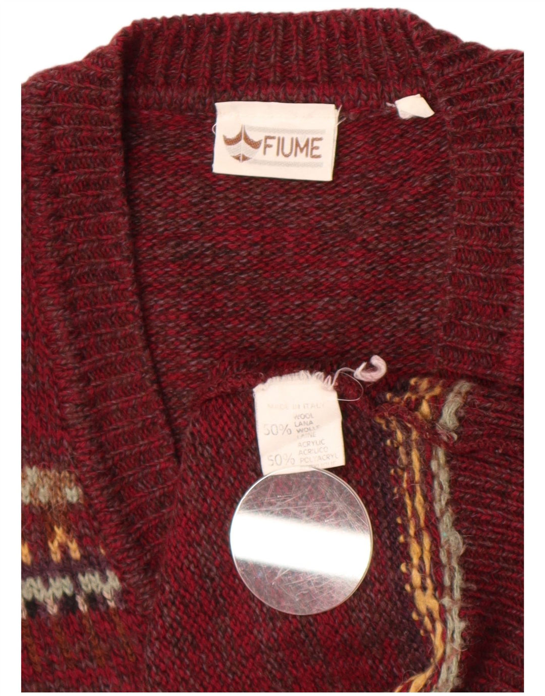 Suéter masculino Fiume com decote em V grande lã Fair Isle Borgonha