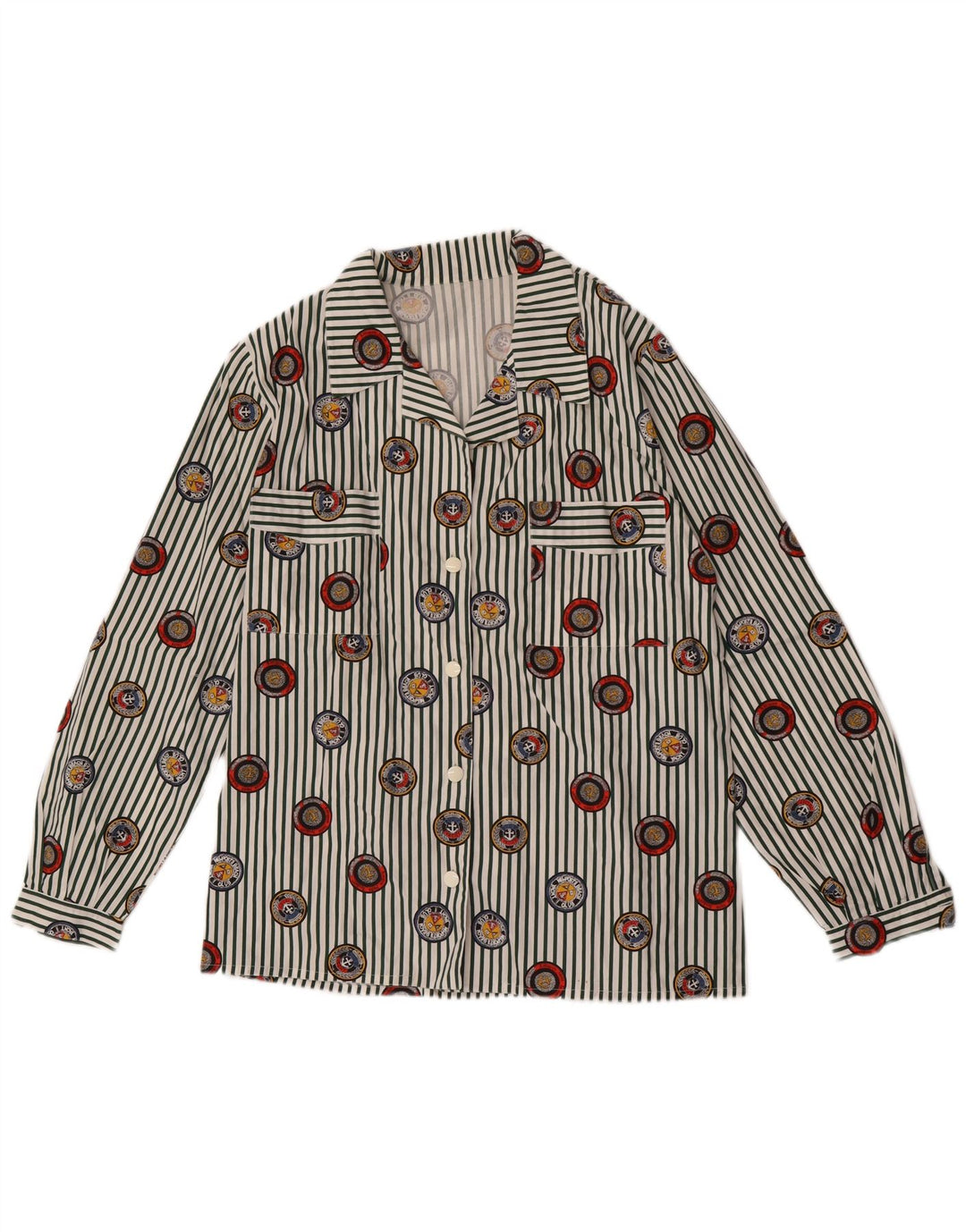 Camisa gráfica feminina vintage Reino Unido 14 risca de giz multicolorida média