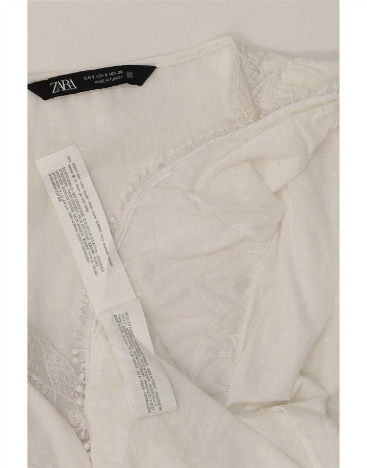 Zara blusa feminina com babados na frente manga comprida top Reino Unido 10 algodão branco pequeno