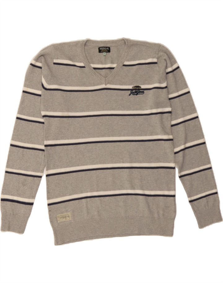 JACK & JONES Mens V-Neck Jumper Sweater Medium Grey Striped Cotton Vintage Jack & Jones and Second-Hand Jack & Jones from Messina Hembry 