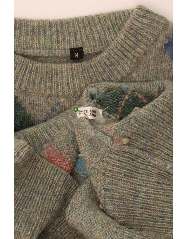 Suéter vintage masculino com gola redonda, verde médio, Argyle/lã diamante