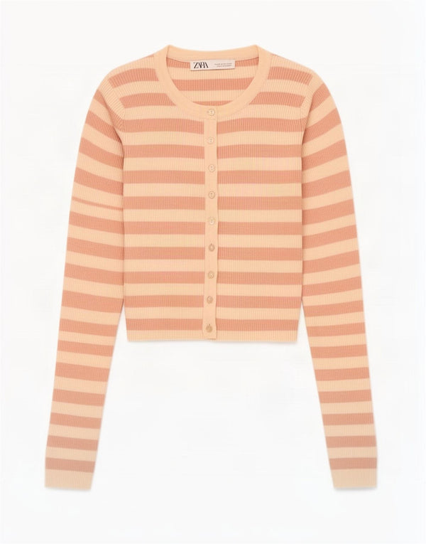 Zara Womens Crop Cardigan Top UK 12 Médio Bege Listrado Nylon