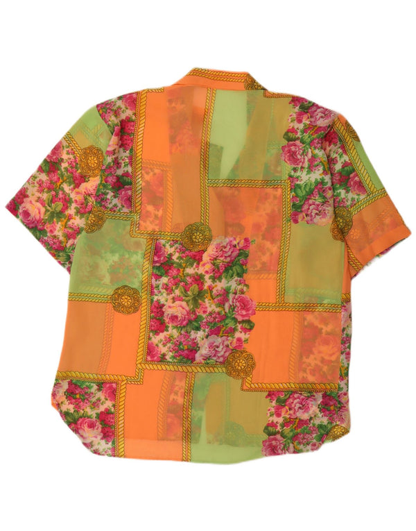 Camisa feminina vintage de manga curta transparente UK 18 XL multicolorida floral