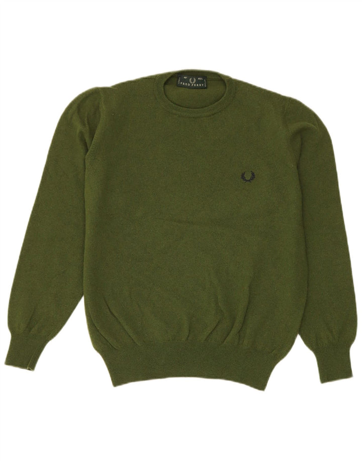 Fred Perry Suéter masculino com gola redonda de lã verde médio