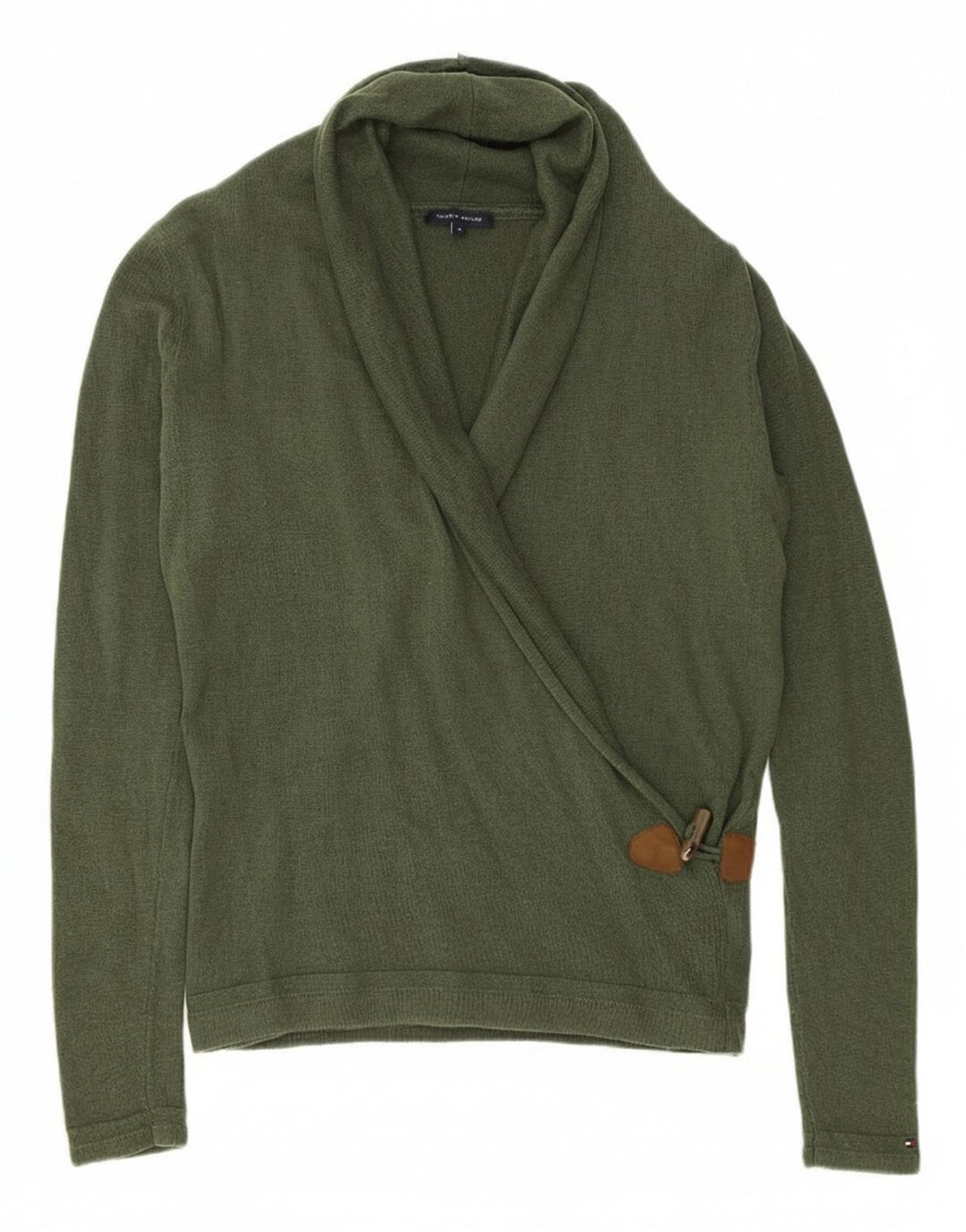 Suéter feminino TOMMY HILFIGER com gola xale Reino Unido 14 lã verde médio