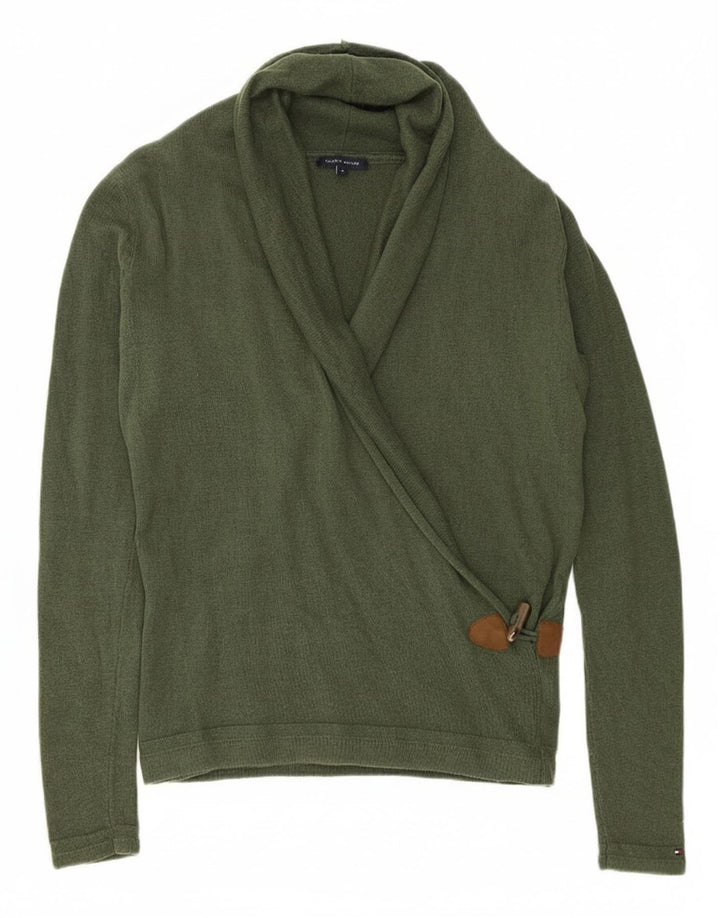 Suéter feminino TOMMY HILFIGER com gola xale Reino Unido 14 lã verde médio