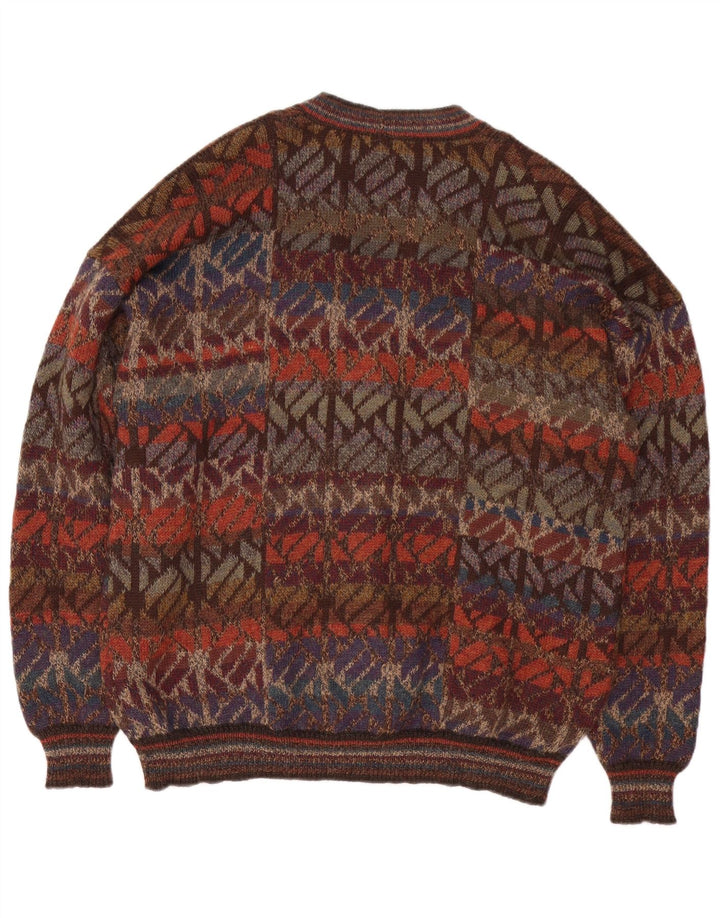 Suéter cardigã masculino Intiwara grande lã geométrica multicolorida de alpaca