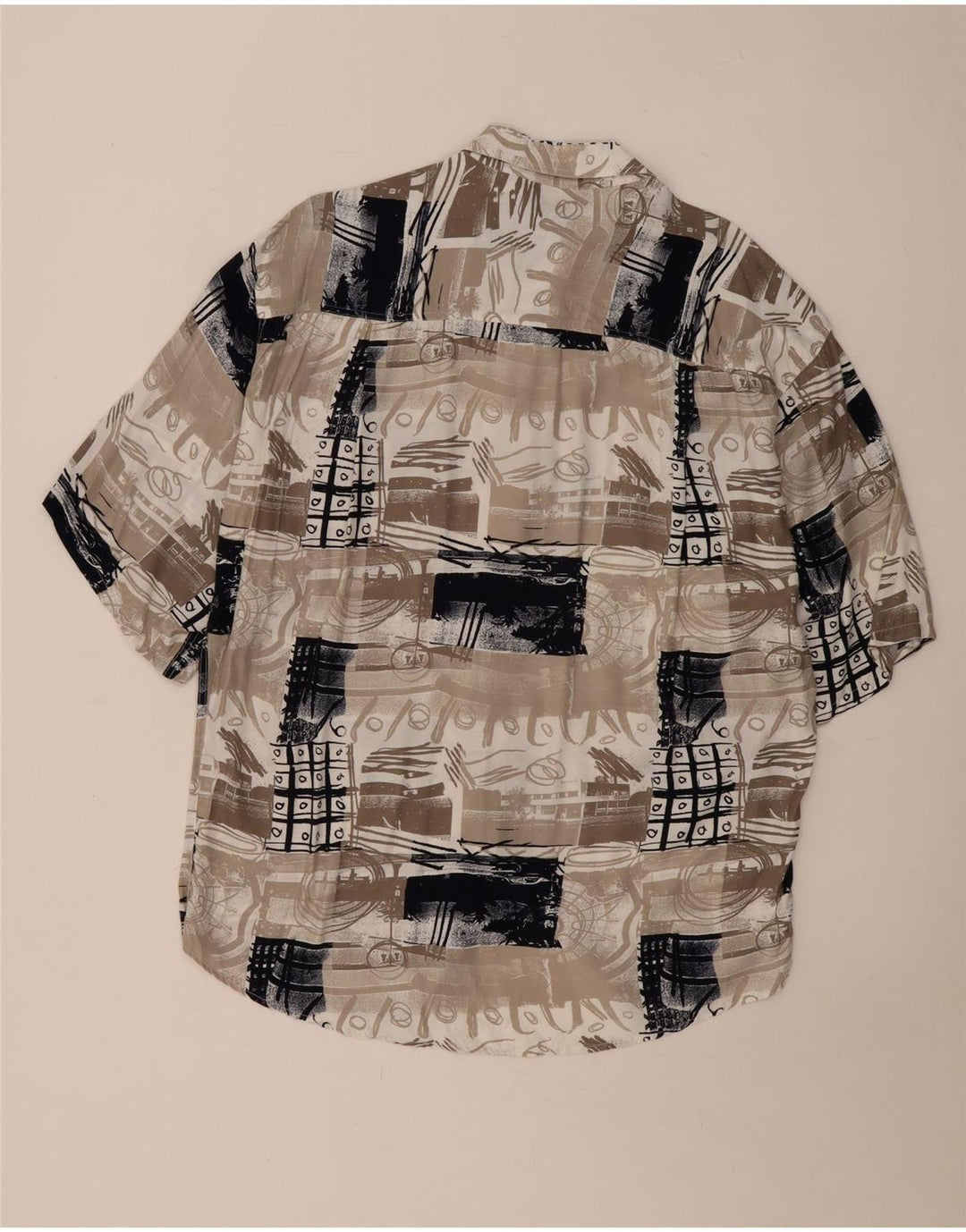 Camisa masculina vintage de manga curta grande patchwork bege