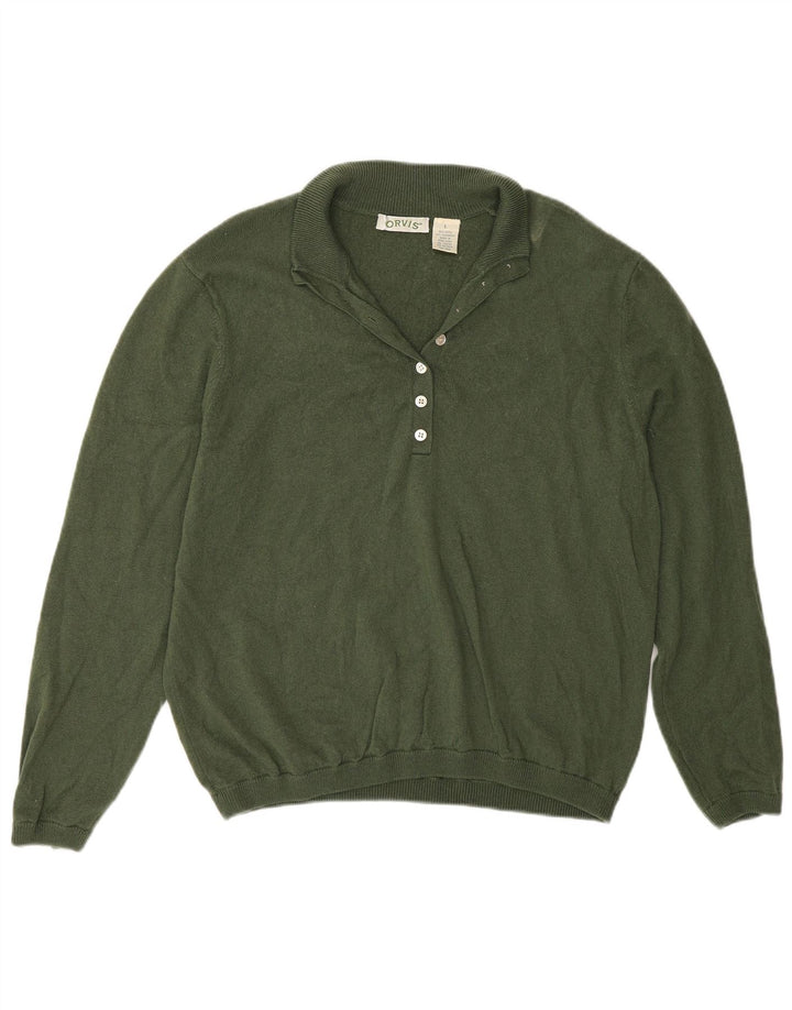 Suéter feminino Orvis com gola redonda e botão Reino Unido 16 grande lã verde