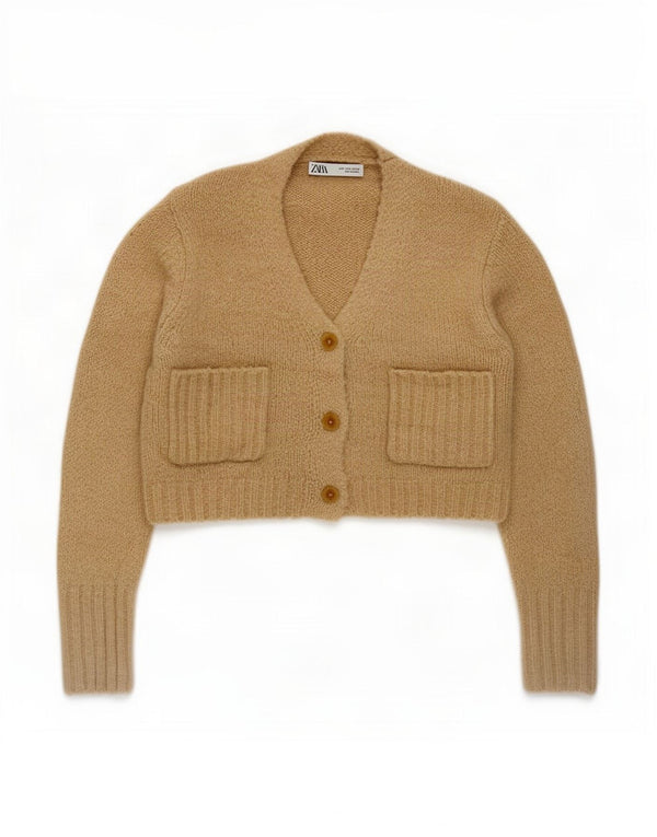 Zara Womens Crop Cardigan Sweater UK 10 Pequeno Poliéster Bege