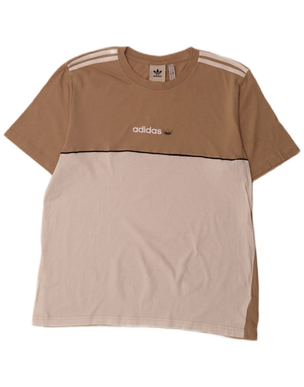 Adidas Mens Graphic T-Shirt Top Grande Bege Colourblock Algodão