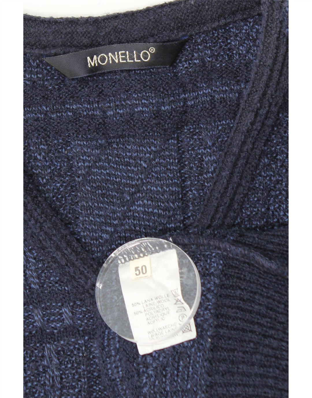 Suéter masculino MONELLO com decote em V IT 50 lã geométrica azul marinho médio