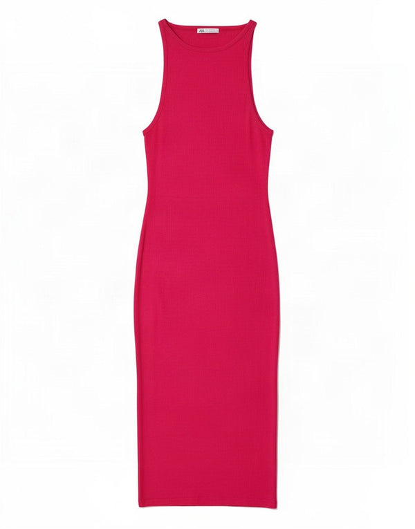 Vestido maxi feminino sem mangas Zara UK 12 algodão rosa médio