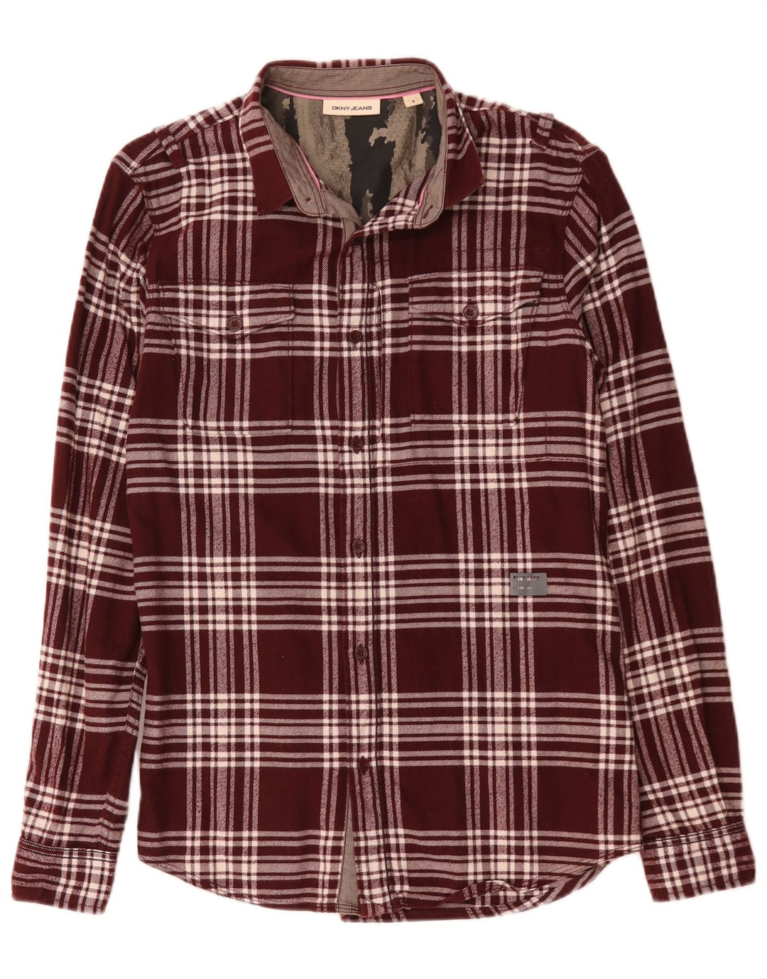 Camisa masculina de flanela Dkny de algodão xadrez médio Borgonha