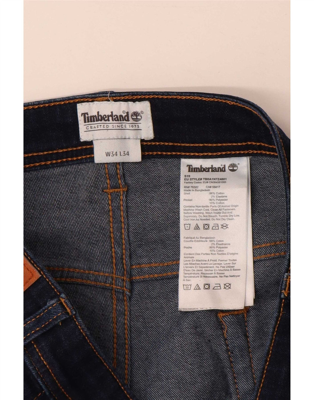 Timberland Mens Slim Jeans W34 L34 Azul Marinho Algodão