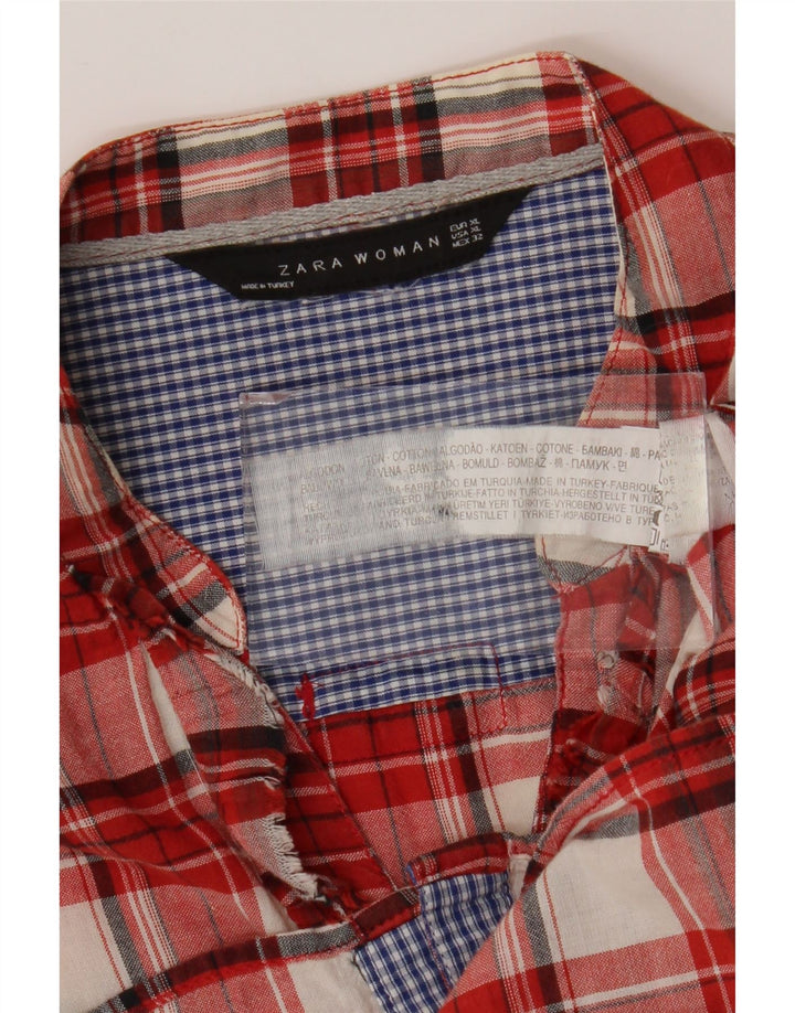 Camisa feminina Zara com babados na frente Reino Unido 18 XL algodão xadrez vermelho