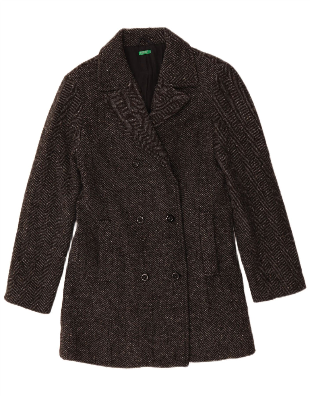 Casaco Pea Coat Feminino Benetton UK 14 Espinha De Peixe Cinza Médio