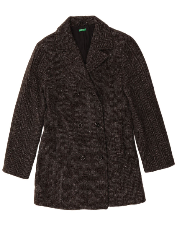 Casaco Pea Coat Feminino Benetton UK 14 Espinha De Peixe Cinza Médio