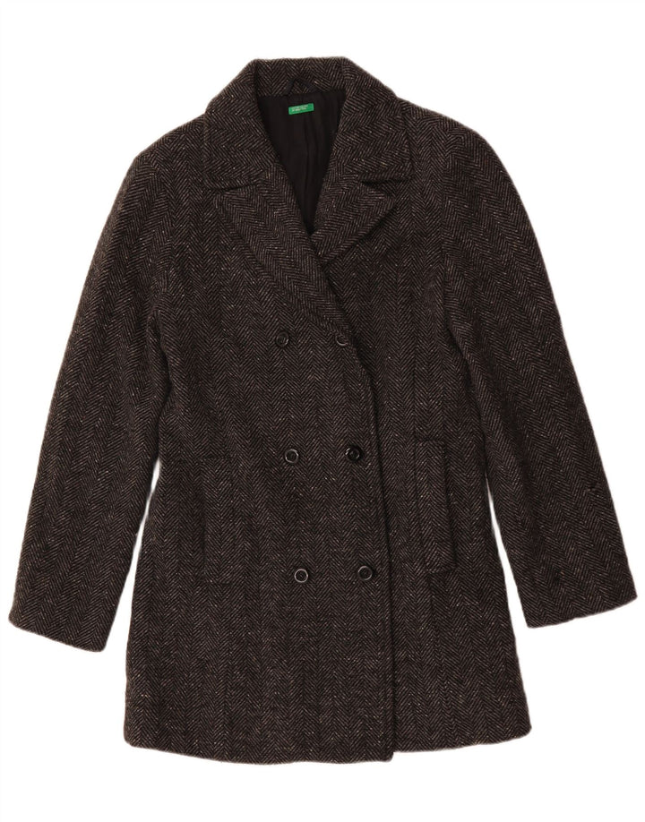 Casaco Pea Coat Feminino Benetton UK 14 Espinha De Peixe Cinza Médio
