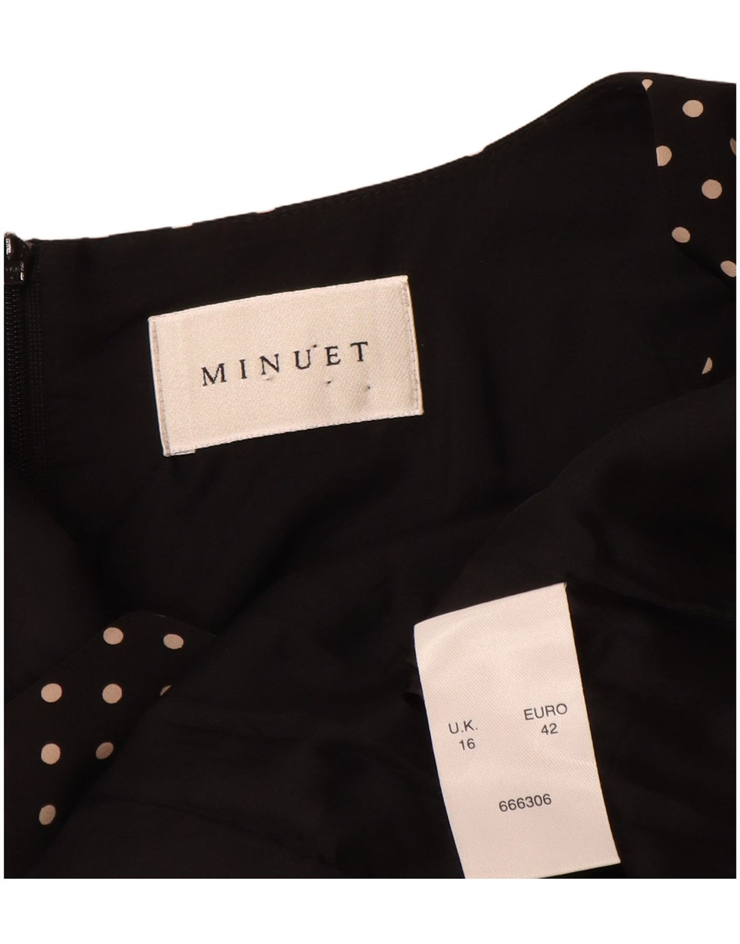 Vestido feminino Minuet com bainha UK 16 grande poliéster preto de bolinhas