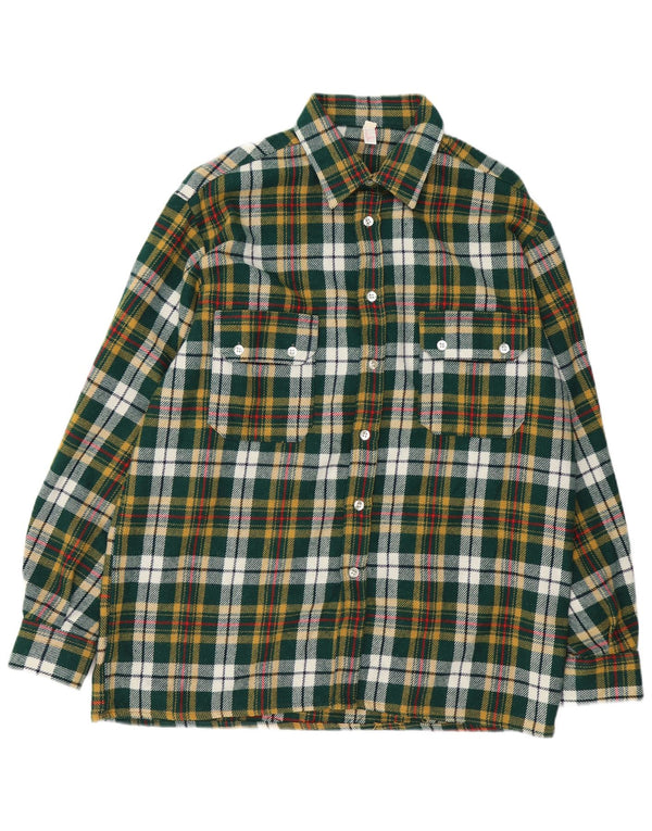 Camisa feminina vintage de flanela solta EU 44 XL verde xadrez lã