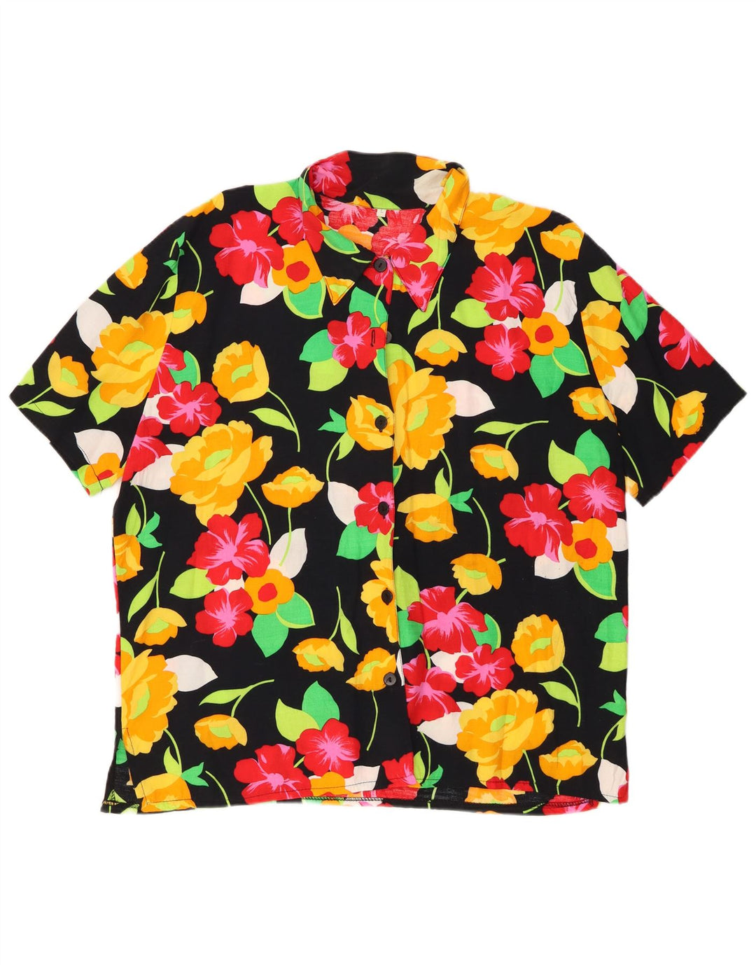 Blusa feminina VINTAGE de manga curta UK 16 grande preta floral