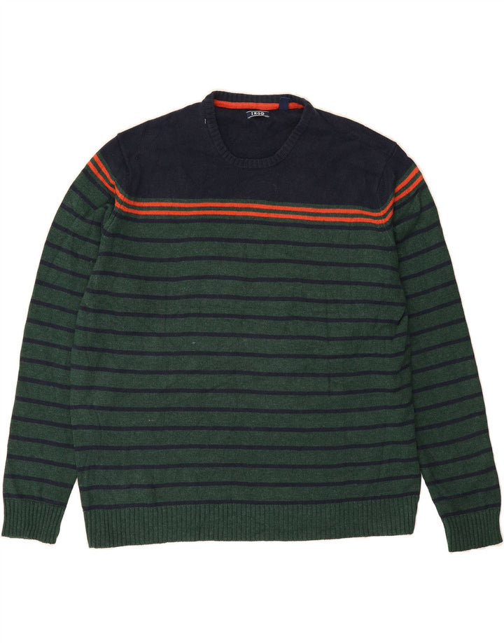 IZOD Mens Crew Neck Jumper Sweater XL Green Striped Cotton Vintage Izod and Second-Hand Izod from Messina Hembry 
