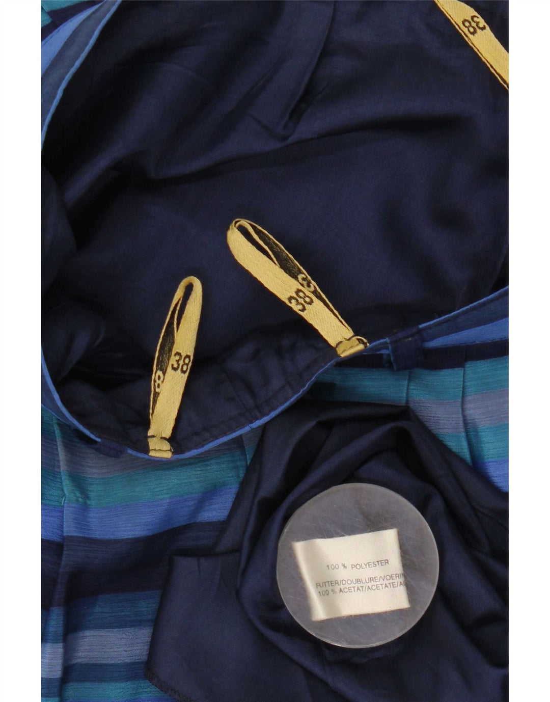 Saia feminina vintage evasê EU 38 médio W28 poliéster listrado azul
