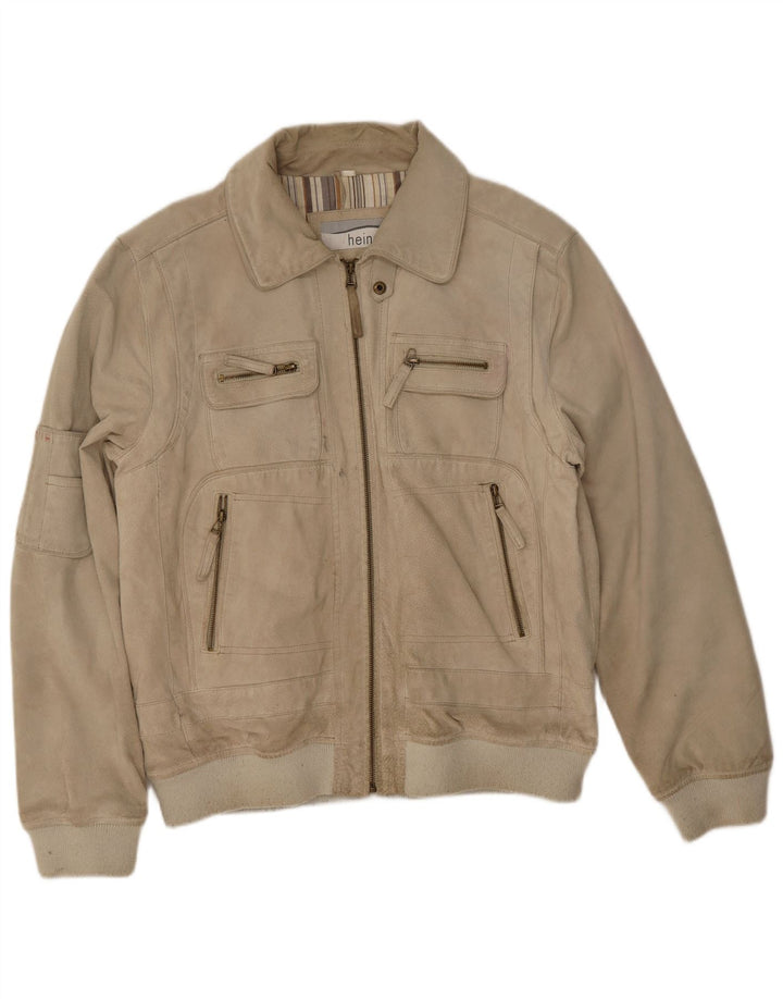 Jaqueta bomber masculina Heine em camurça Reino Unido 44 2XL couro bege