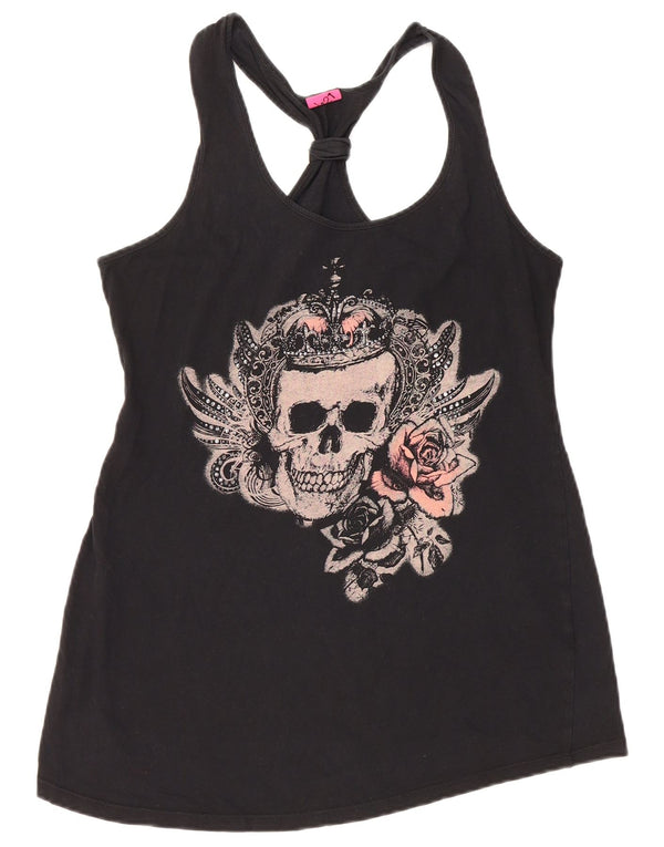 Colete feminino VINTAGE com estampa gráfica UK 12 algodão preto médio