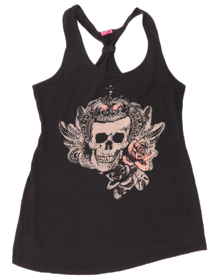 Colete feminino VINTAGE com estampa gráfica UK 12 algodão preto médio