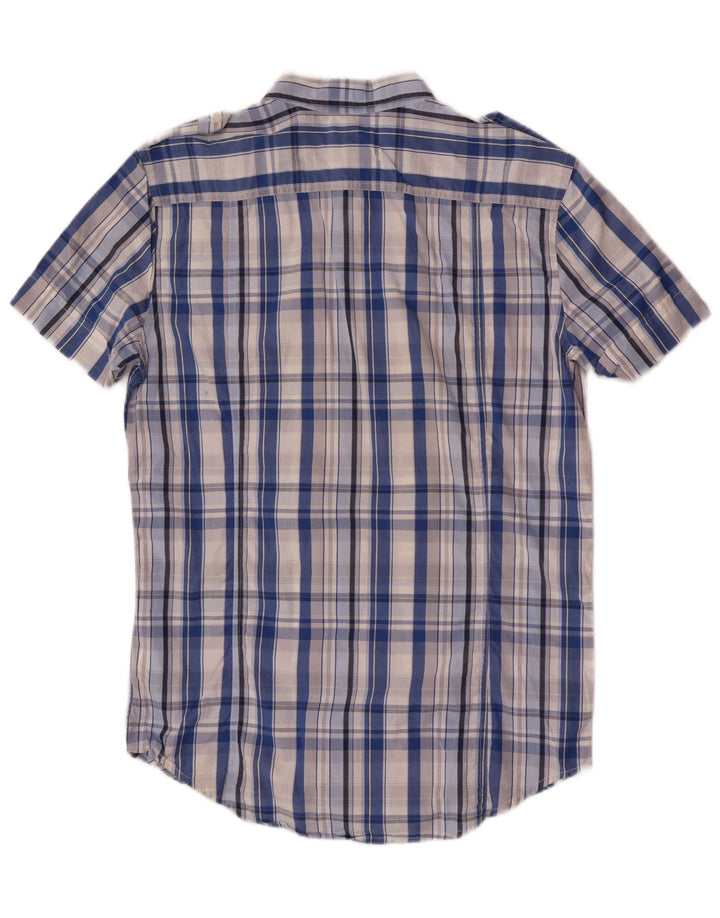 Camisa militar masculina diesel de manga curta algodão xadrez azul médio