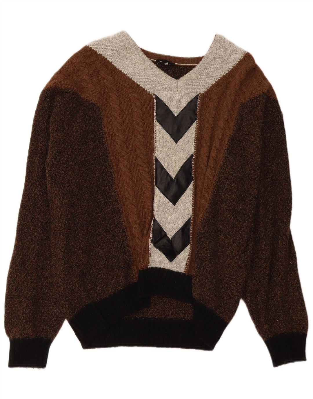 Suéter masculino VINTAGE com decote em V grande bloco colorido marrom