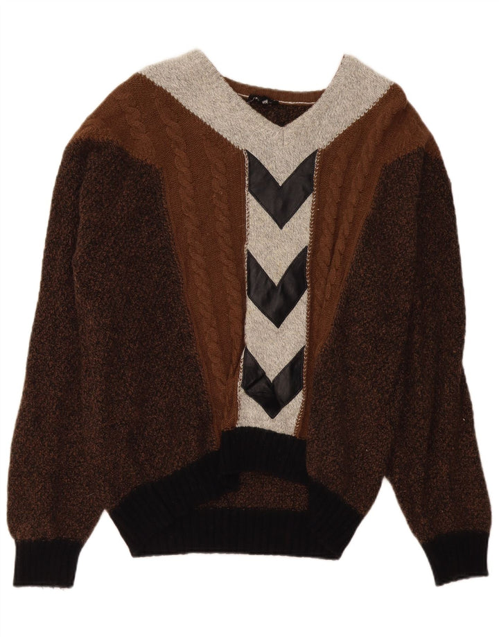 Suéter masculino VINTAGE com decote em V grande bloco colorido marrom