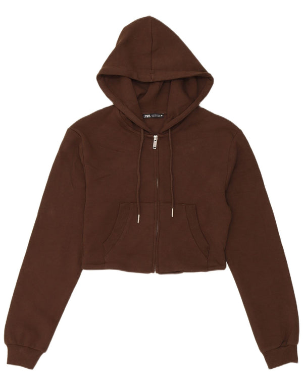 Suéter feminino Zara com capuz e zíper UK 12 algodão marrom médio