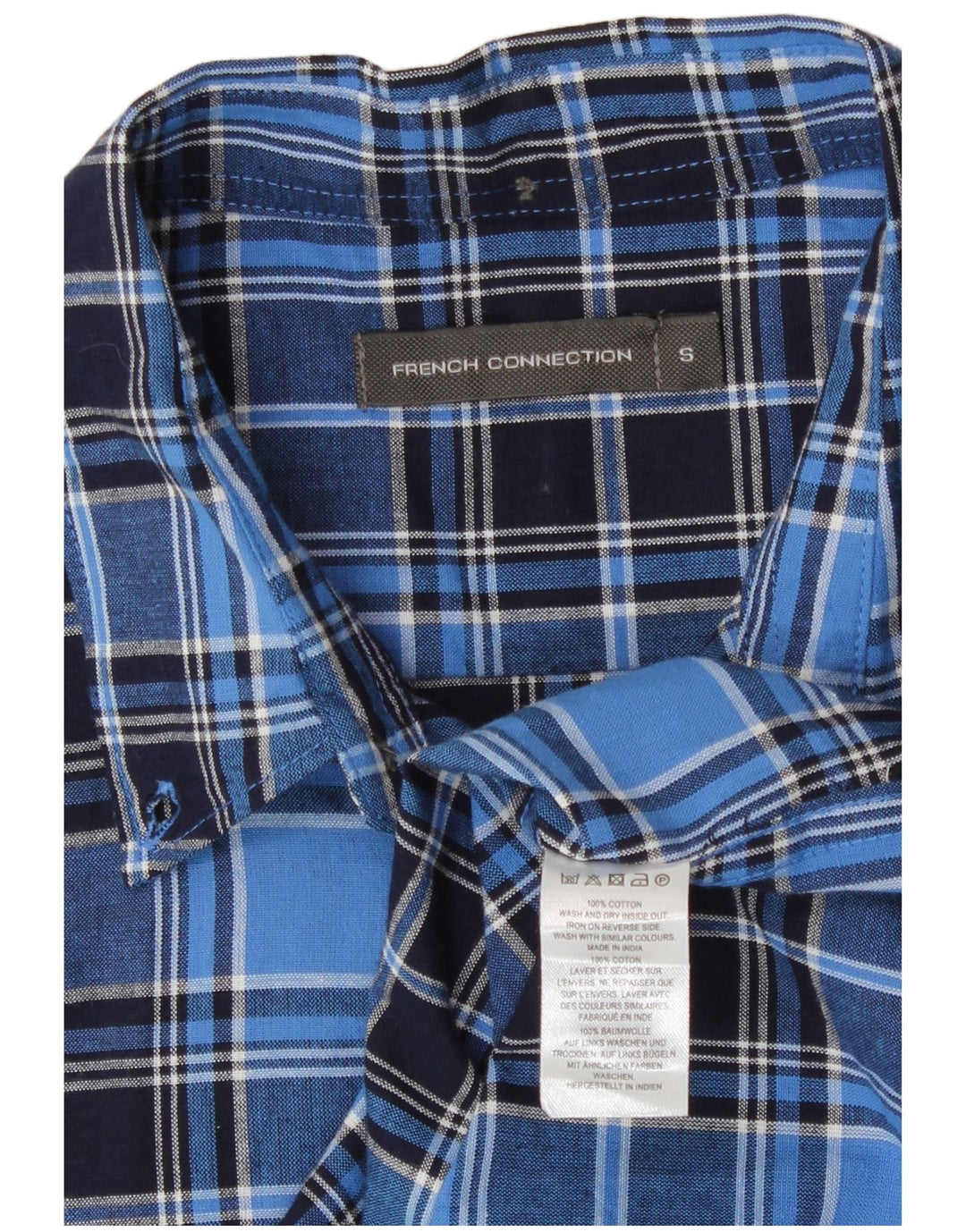 Camisa masculina de manga curta French Connection algodão xadrez azul pequeno