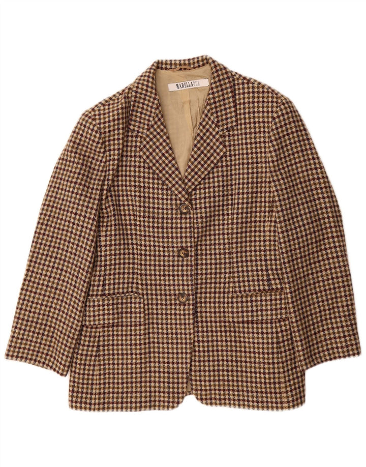 Jaqueta blazer feminina Marella com 3 botões Reino Unido 18 XL marrom houndstooth lã nova
