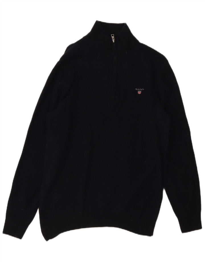 Suéter masculino Gant com zíper e gola grande de lã azul marinho