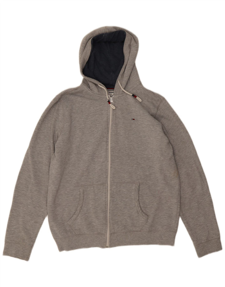 Tommy Hilfiger Suéter masculino com capuz e zíper grande cinza manchado
