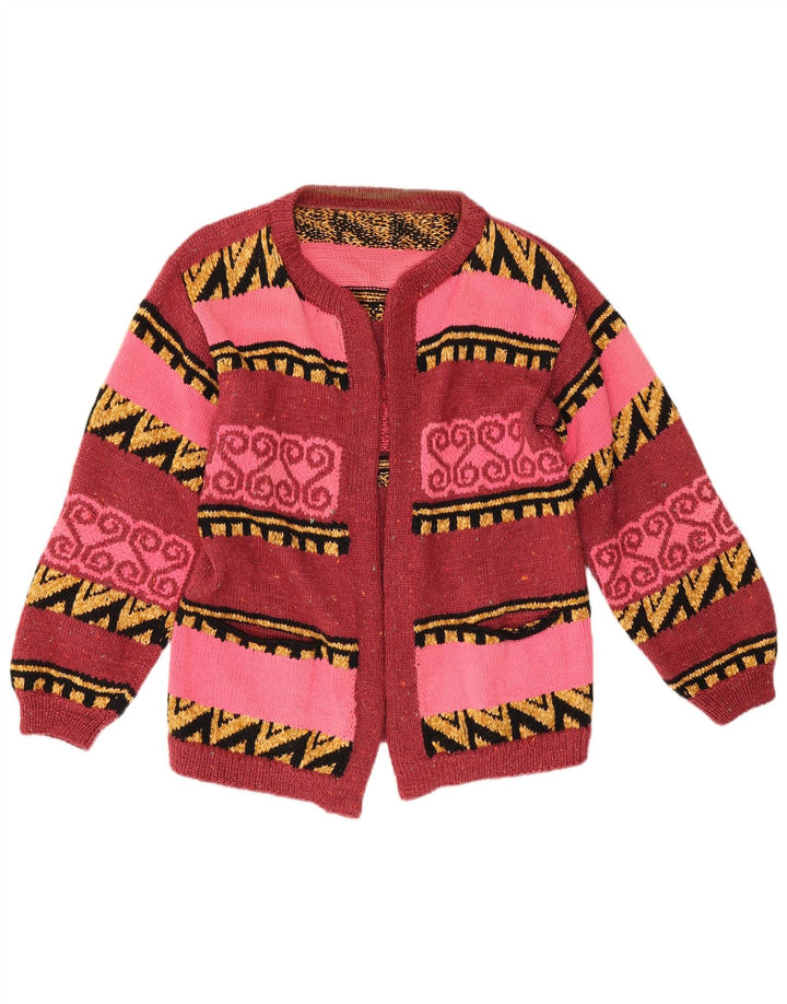 Suéter cardigã aberto feminino vintage Reino Unido 12 vermelho médio geométrico