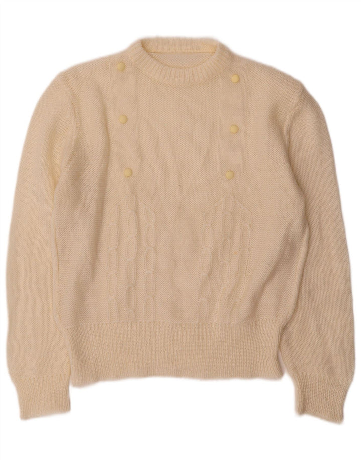 Suéter feminino vintage com gola redonda UK 12 médio off white