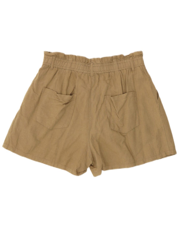 Zara Shorts feminino de cintura alta e ajuste relaxado, grande W32 linho cáqui
