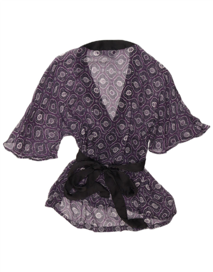 Blusa feminina Zara transparente envoltória top UK 12 médio roxo geométrico