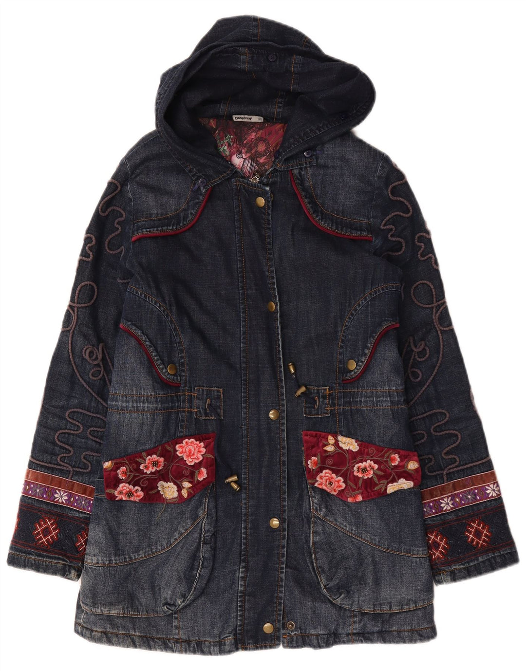 Desigual Casaco jeans feminino oversized gráfico UE 36 pequeno azul marinho floral