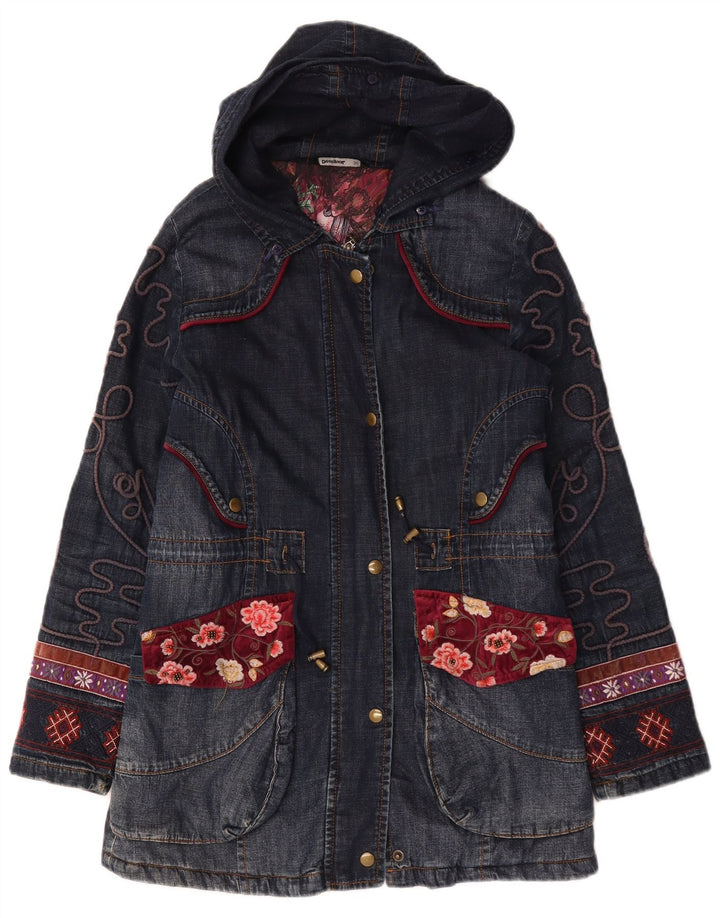 Desigual Casaco jeans feminino oversized gráfico UE 36 pequeno azul marinho floral