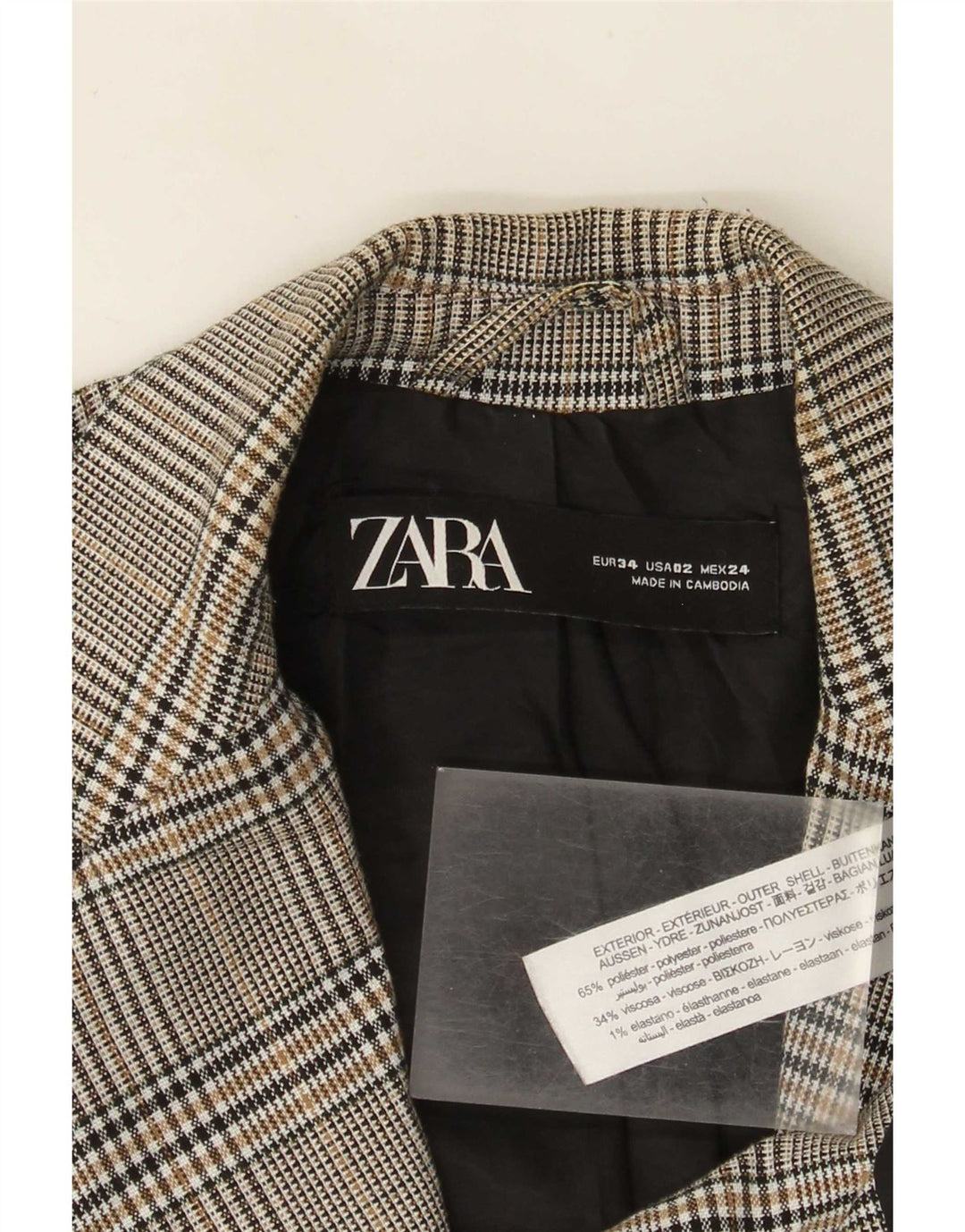 Jaqueta blazer feminina Zara com 1 botão EU 34 2XS cinza xadrez poliéster