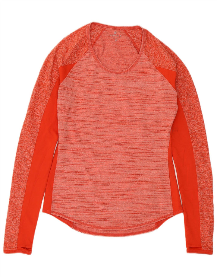 Top feminino ATHLETA manga comprida UK 6 XS poliéster manchado vermelho