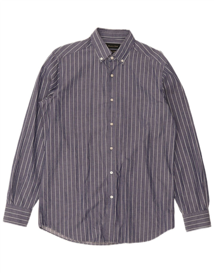Camisa masculina Massimo Dutti Regular Fit médio algodão listrado azul marinho